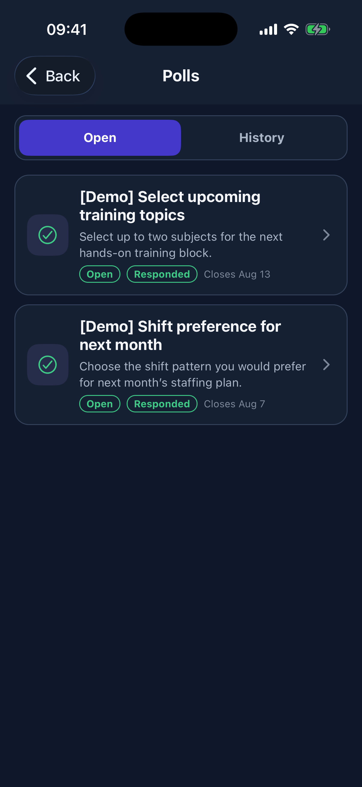 Approved members can move between open polls and history while seeing response status and close dates before opening a question.