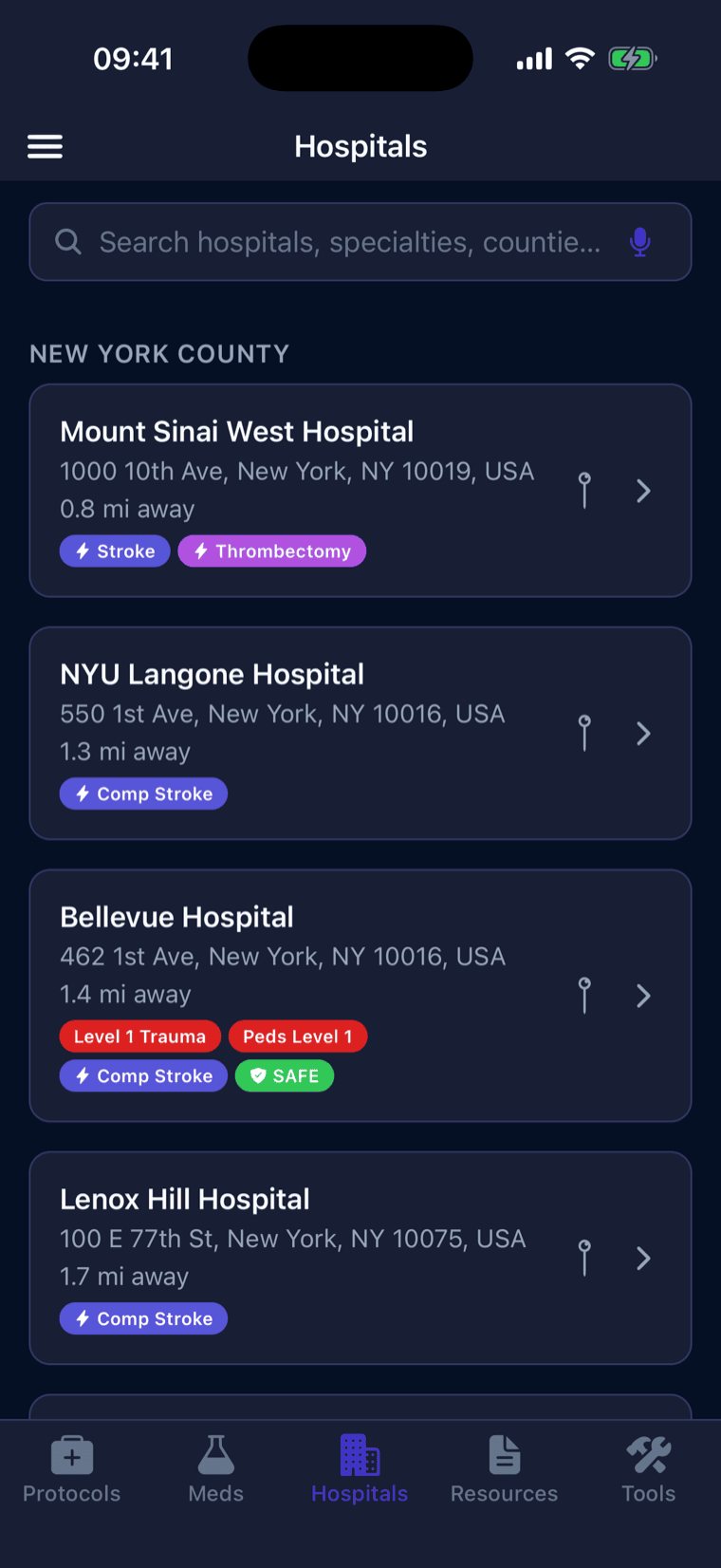 The hospital finder listing nearby receiving facilities, distances, and specialty capabilities