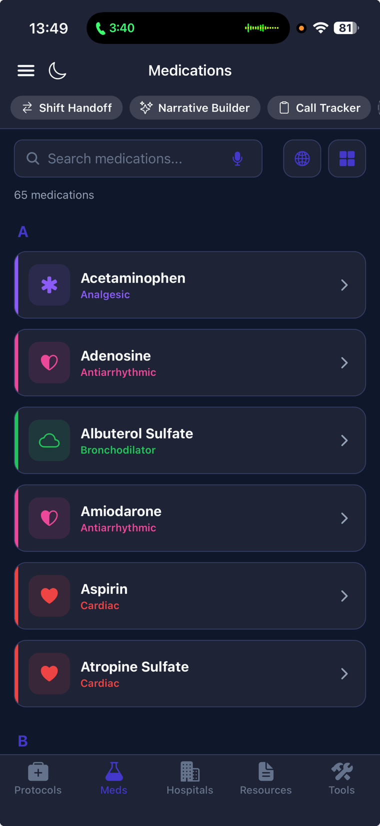 The medication reference showing a searchable list of drugs with indications, dosing, and administration guidance
