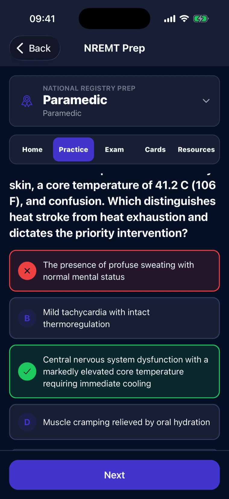 An NREMT practice question with multiple-choice answers and instant right/wrong feedback