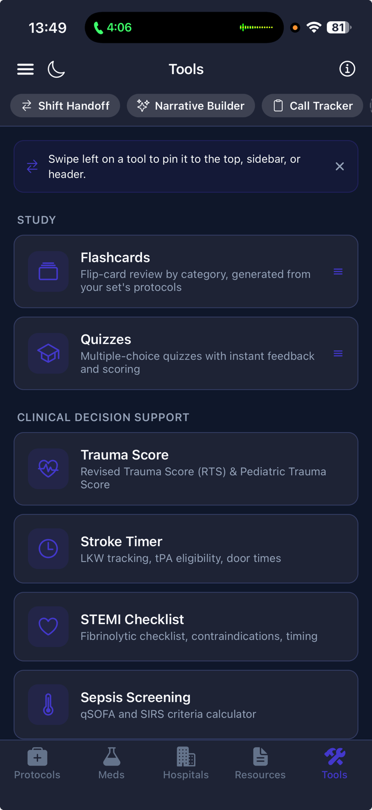 The clinical tools screen with calculators, scoring tools, timers, and field references